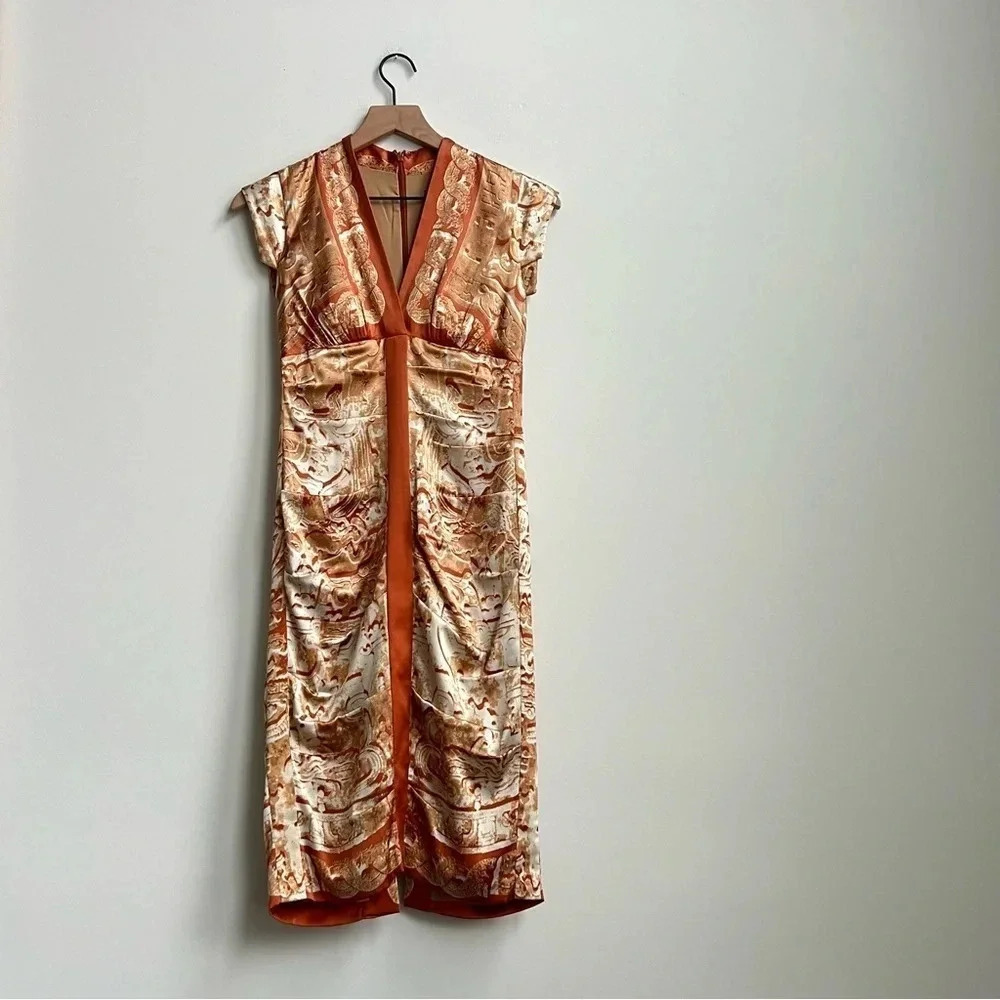 Nicole Miller Bodycon Ruched Dress Silk Baroque Vintage 90's Greek Goddess SZ 0